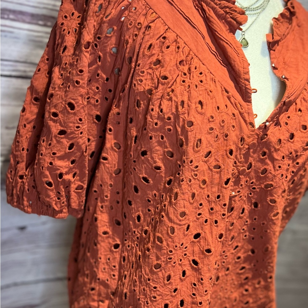 Women’s Eyelet Puff-Sleeve Blouse — Rust - Picture 4 of 10